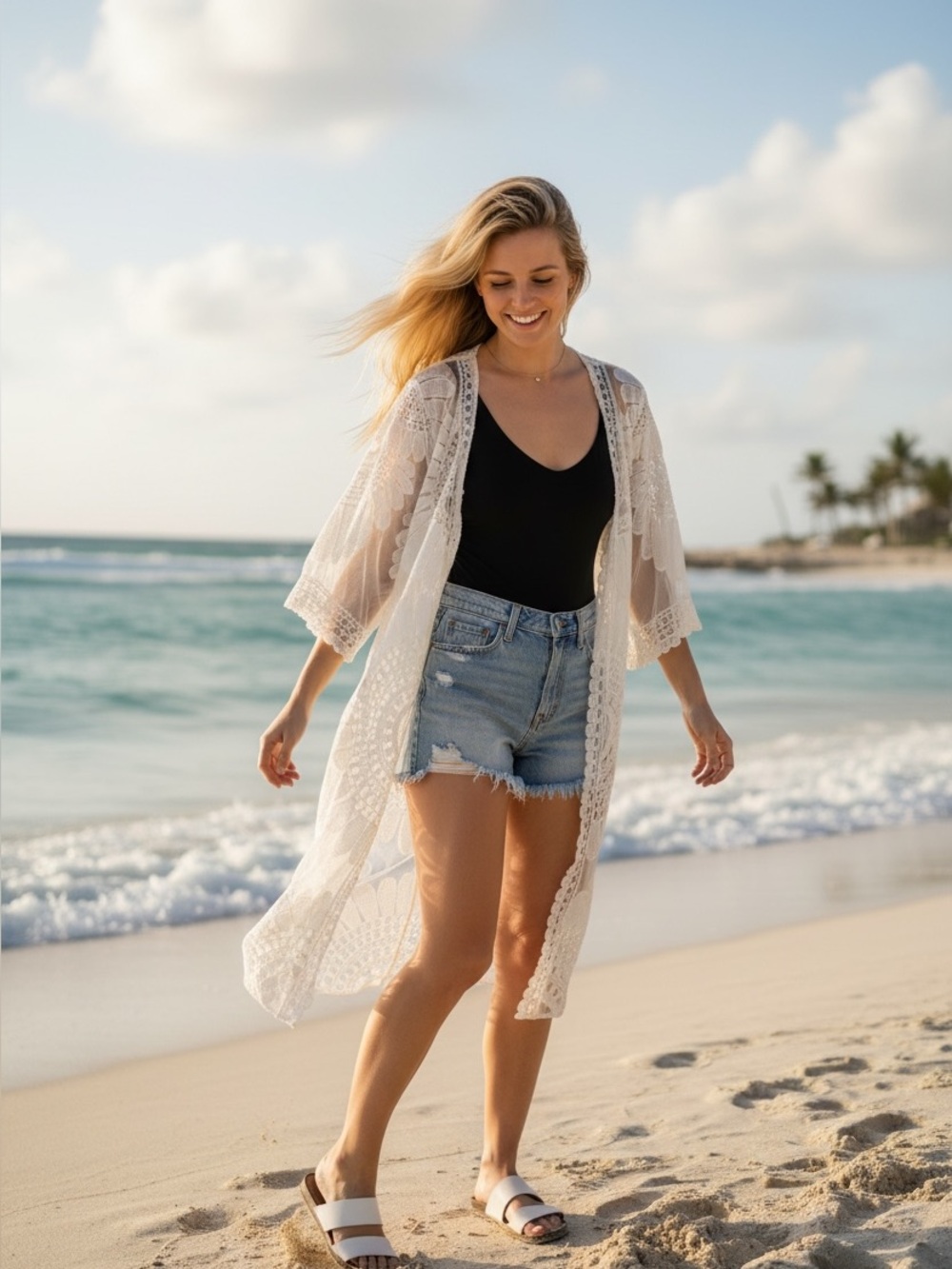 Rebellion Again Women’s Beach Lace Kimono Cover-Up — White Festival S